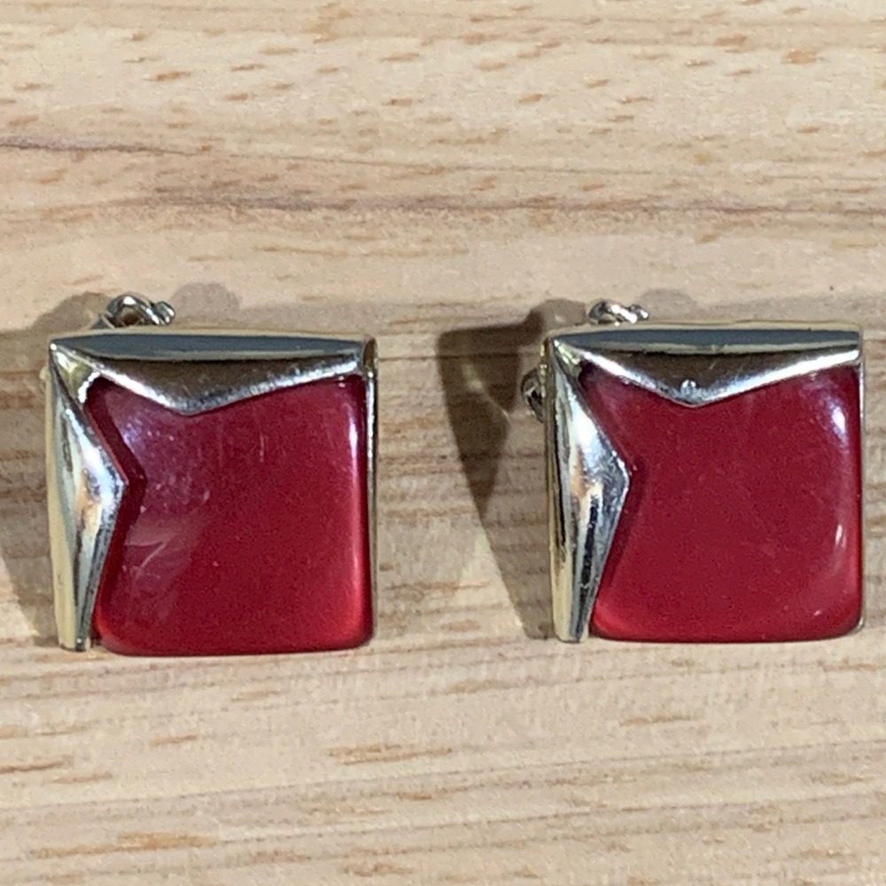 Charel Clip On Earrings Womens Red Enamel Square Silver Tone Vintage MCM Retro
